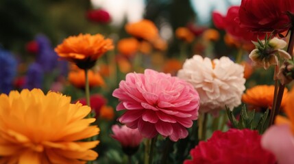 Colorful Garden Filled with Blooming Flowers in Vivid Shades of Orange, Pink, and Purple