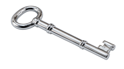 Silver skeleton key isolated on transparent background, a symbol of access and security