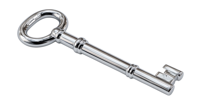 Silver skeleton key isolated on transparent background, a symbol of access and security