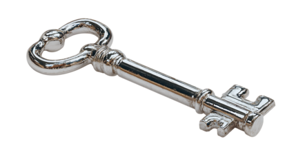 Ornate silver skeleton key isolated on transparent background, a symbol of vintage security