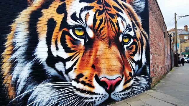 Graffiti tiger mural on brick wall