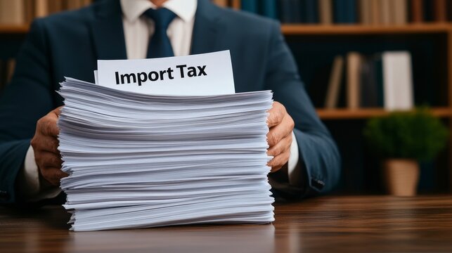 Business Owner Examining Pile of Documents Related to Import Tax Responsibilities in Professional Environment