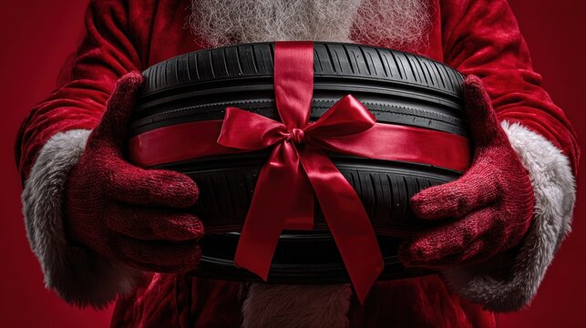 Santa Claus holding a car tire wrapped with red ribbon as Christmas gift