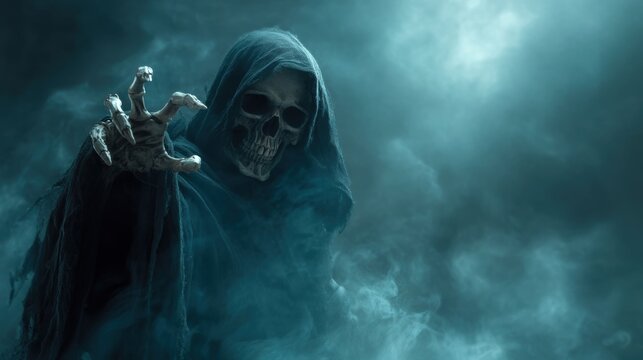 Grim Reaper in dark fog reaching forward with skeletal hand