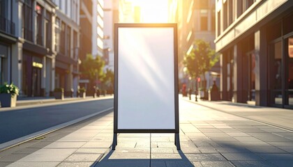 Clean white A-frame sandwich board with black metal frame stands on a modern city sidewalk, bathed in sunlight with buildings in the background.