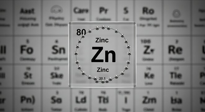 Zinc element symbol highlighted on periodic table grid background