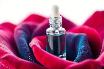 Minimalist composition of a serum dropper bottle placed on fresh rose petal with visible water droplets, commercial style