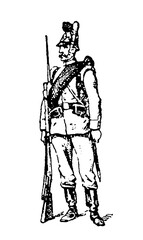 A 19th century Bavarian Army soldier with a rifle, old vintage illustration, 1897