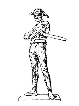 Harlequin, the best-known of the comic servant characters from the Italian commedia dell'arte, old vintage illustration, 1897