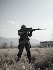 sniper stands with arms and looks forward