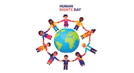 flat vector illustration of diverse people holding hands around the world globe, symbolizing unity and equality, Human Rights Day theme, bright and inclusive design, isolated on white background