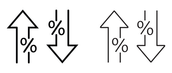 Percentage with grow up and grow down arrow icon sign. Percentage arrow icon. Percentage arrow up and down silhouette icon vector. Vector illustration. 