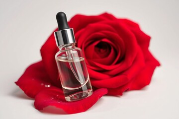 High-resolution skincare product shot of a serum bottle on rose petals, featuring sharp glass reflections and clean design.
