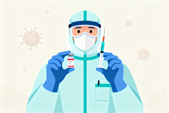Medical professional in protective suit holding vaccine vial and syringe