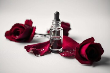 Hyper-realistic studio photo of a transparent glass serum bottle with dropper on a red rose petal with dew, isolated on white.
