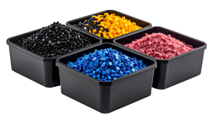 Four containers of colored plastic pellets
