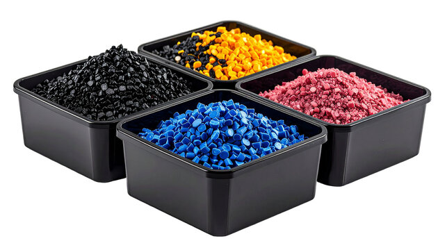 Four containers of colored plastic pellets