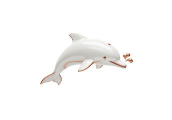 Isolated glossy dolphin sculpture with bronze details, decorative animal figurine, splash, sea