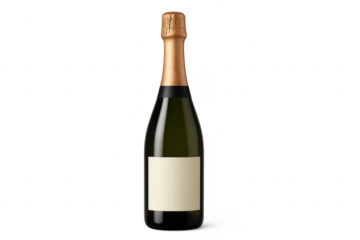 Bottle of sparkling wine with blank label against transparent background