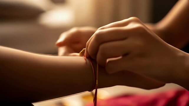 Close Up Shot of Hands Tying a Red String Bracelet on a Wrist Indoors Warm Lighting