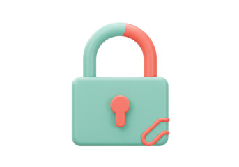 Isolated pastel padlock with shackle up, secured with coral pin for added safety, render