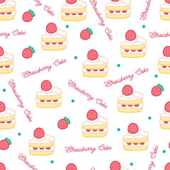 Yummy Dessert Pattern with Strawberry Cakes. Perfect for bakery design, food packaging, wrapping paper, fabric, and cute dessert-themed projects.
