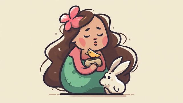 Girl with bird and rabbit illustration