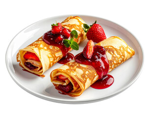 Two crepes rolled with strawberries and berry sauce on a plate