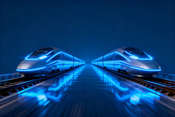 Obraz premium Two high-speed trains approaching each other on parallel tracks at night, illuminated with blue lights and reflections on the rails.