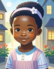 A cheerful girl with rosy cheeks in a town setting