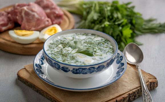 Ovdukh is an Azerbaijani summer fermented milk soup with herbs, prepared from katyk with the addition of finely chopped meat (veal) and hard-boiled eggs.