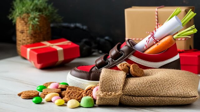 Childrens shoe and pepernoten for Sinterklaas and carrot for horse treat stands in front of hot fireplace. Celebration concept for children party in Saint Nicolas day five december.	