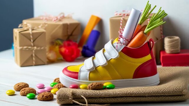 Childrens shoe and pepernoten for Sinterklaas and carrot for horse treat stands in front of hot fireplace. Celebration concept for children party in Saint Nicolas day five december.	