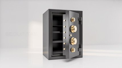Open black metal safe with gold combination locks and shelves inside access bank