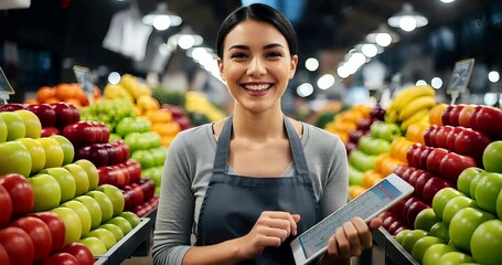 Young Woman Managing Inventory with Tablet in a Vibrant Grocery Store Setting - Powered by Adobe