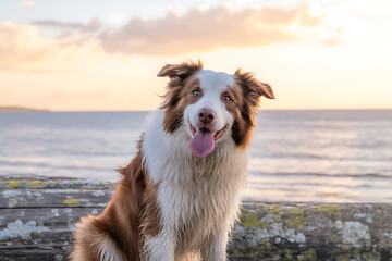 Happy border collie dog panting on beach at sunset
