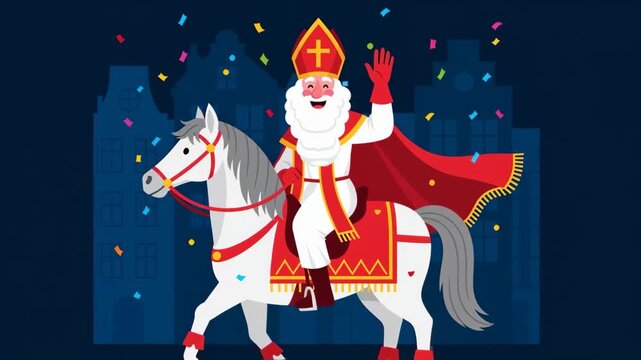 Sinterklaas riding on white horse through Dutch city. Saint Nicholas day in Netherlands, Belgium. Greeting card for holland holiday Celebration concept for children european party in day five december