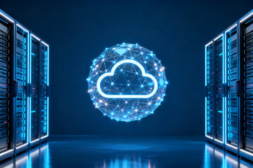 Digital cloud network symbol illuminated in a server room with glowing blue servers on both sides.