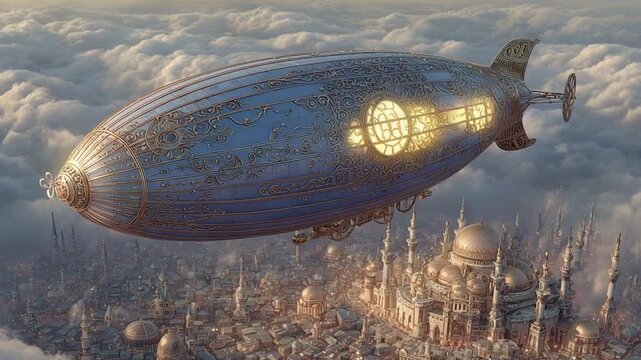 Steampunk Airship Flight Over a Mystical City in the Clouds, A Visionary World
