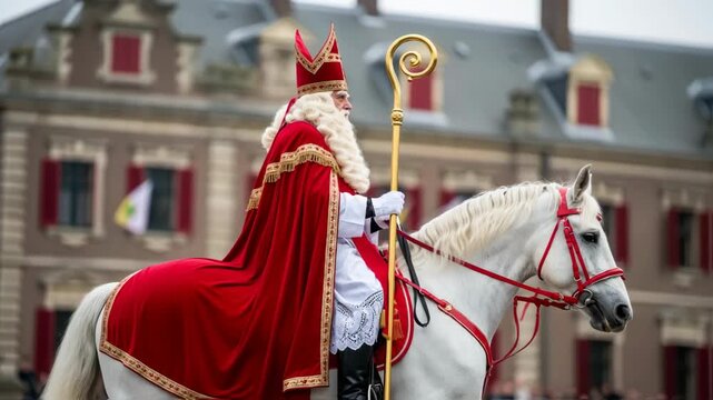 Sinterklaas riding on white horse through Dutch city. Saint Nicholas day in Netherlands, Belgium. Greeting card for holland holiday Celebration concept for children european party in day five december