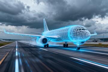 Digital wireframe airplane on runway under stormy sky