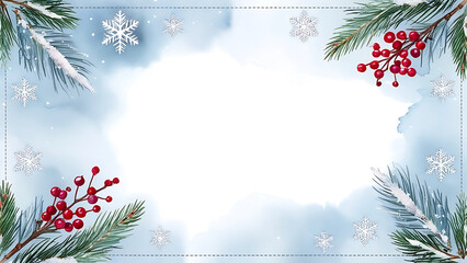 A winter watercolor background with a soft gradient of white and light blue frosty mist, Elegant branches, vibrant red berries, intricate pine twigs, and delicate snowflakes decorate the corners 