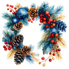 Christmas wreath with pine cones, berries, and blue ornaments