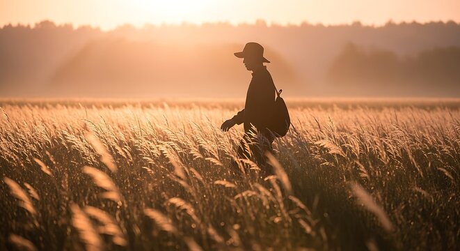 Silhouette of a person wearing a hat and backpack walking through a golden field of tall grass at sunrise. - Powered by Adobe