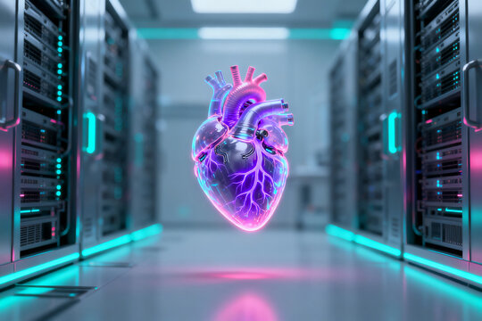 A glowing, futuristic heart hovers in a neon-lit server room corridor, blending biotechnology with digital infrastructure.