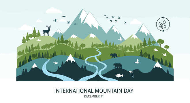 Minimal 2D flat vector of layered mountains with trees, rivers, and wildlife, symbolizing biodiversity and sustainability, International Mountain Day theme, modern infographic style