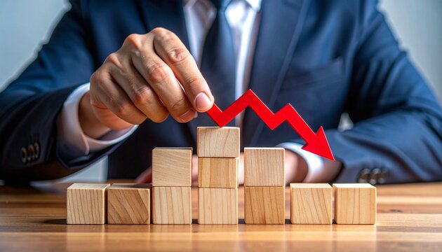 Business figure holds red downward arrow over wooden steps&mdash;symbolizing decline, setback, or financial downturn.
