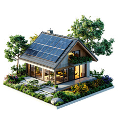 3D rendering of a modern house with solar panels and garden