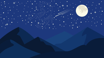 Minimalist flat vector illustration of a night landscape with mountains full moon shooting star and Scorpio constellation Perfect for backgrounds astrology designs horoscope art and creative templates © Akkarach
