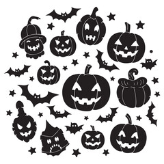 Spooky Halloween jack-o'-lanterns and bats arranged in a playful, circular pattern